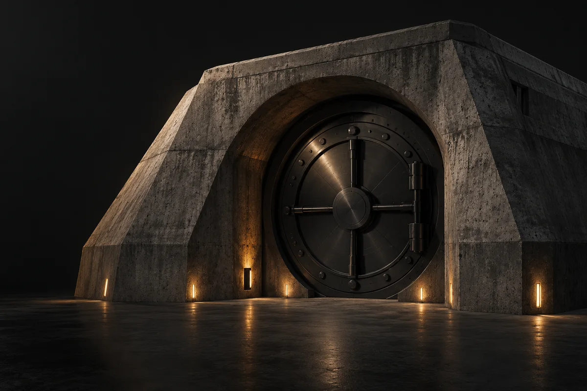 Sculpted concrete bunker with a recessed steel vault door and warm amber lights